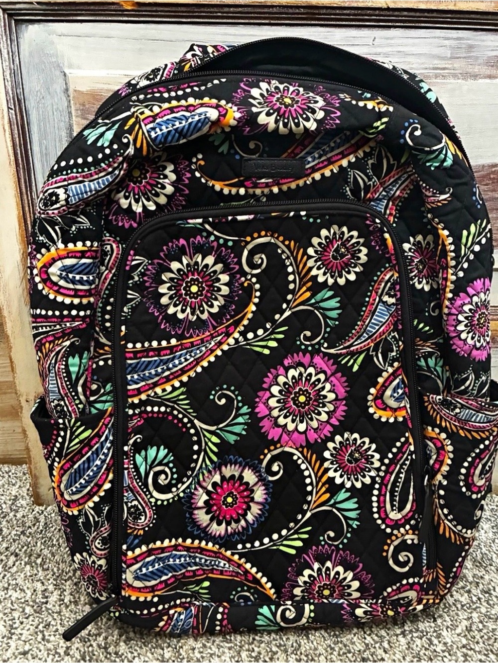 Vera Bradley Black Quilted Backpack with Multicolor Floral Paisley